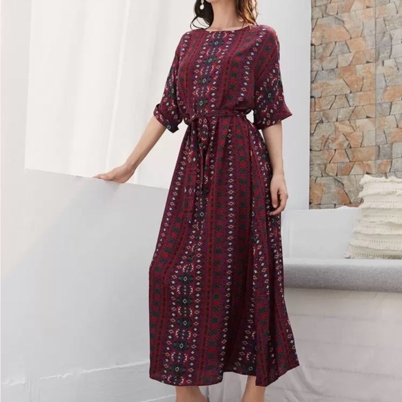 SHEIN Dresses & Skirts - Maroon Patterned Long Sleeve Dress. Brand New.